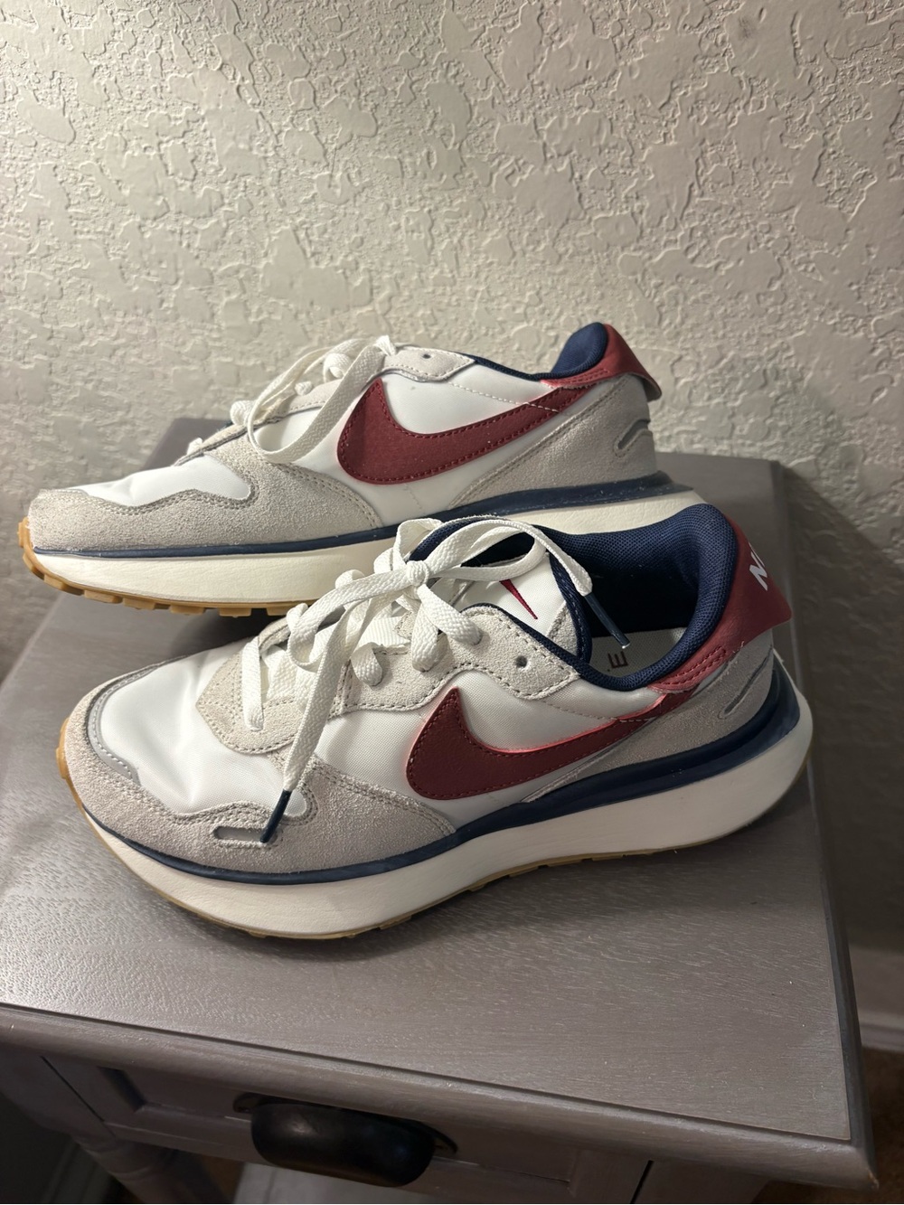 Nike Phoenix Waffle White Sneakers with Burgundy Swoosh and Navy Lining - Picture 8 of 11